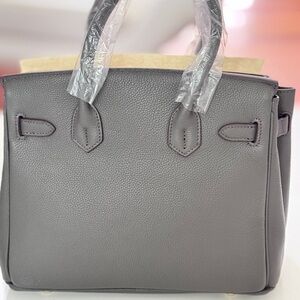 Gray Leather Satchel Belted bag Dual Top Handle w/ Gold HW 30CM